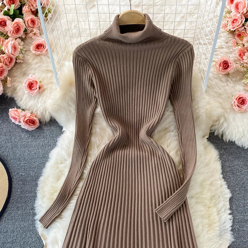 SINGREINY Women Pleated Knitted Dress Turtleneck Long Sleeve Elastic Slim Pencil Dress Autumn Winter Sexy Bodycon Sweater Dress