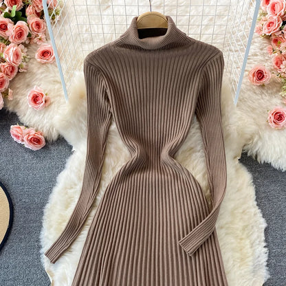 SINGREINY Women Pleated Knitted Dress Turtleneck Long Sleeve Elastic Slim Pencil Dress Autumn Winter Sexy Bodycon Sweater Dress