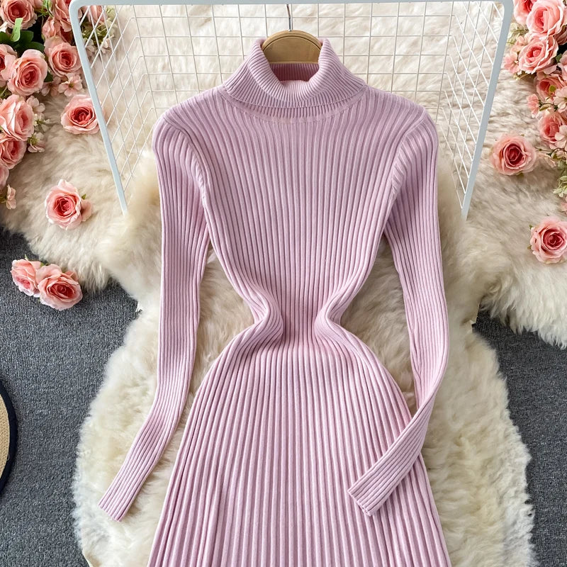 SINGREINY Women Pleated Knitted Dress Turtleneck Long Sleeve Elastic Slim Pencil Dress Autumn Winter Sexy Bodycon Sweater Dress