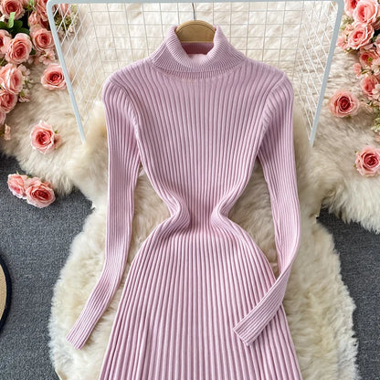 SINGREINY Women Pleated Knitted Dress Turtleneck Long Sleeve Elastic Slim Pencil Dress Autumn Winter Sexy Bodycon Sweater Dress