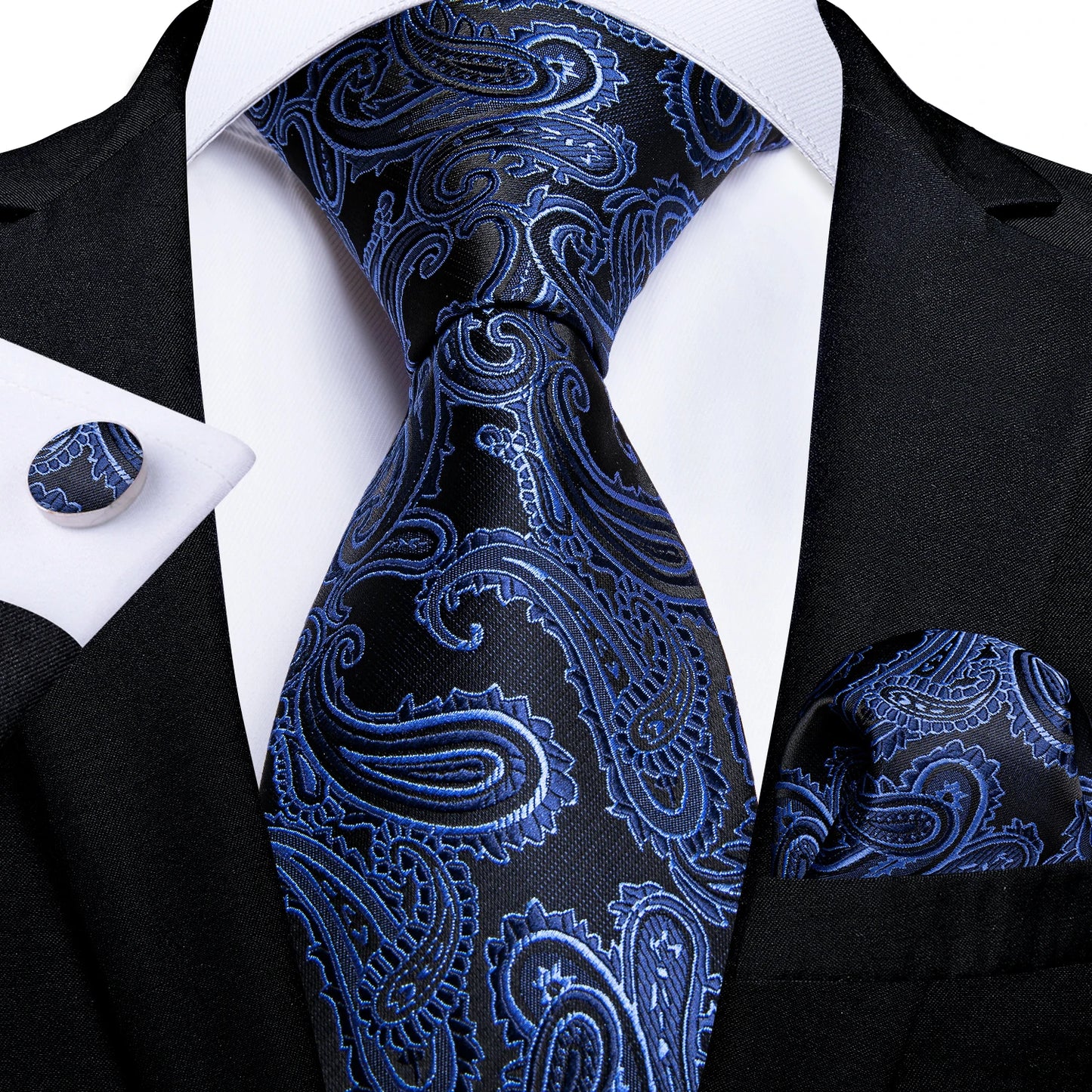 Black And Silver Paisley Floral Men's Ties Gray Blue Pink Wedding Accessories Neck Tie Set Handkerchief Cufflinks Gift For Men
