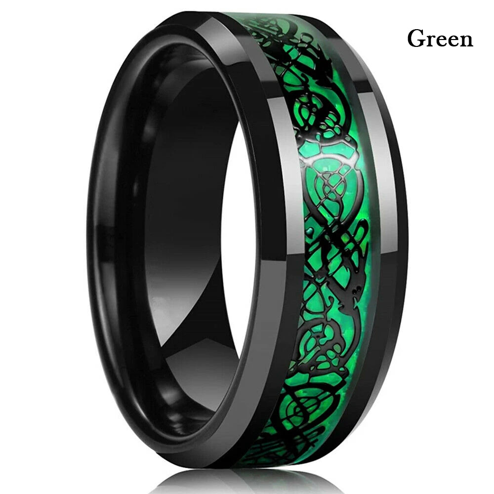 30 Colors Fashion 8MM Men Stainless Steel Celtic Dragon Rings Inlay Carbon Fiber Rings For Men Women Wedding Party Jewelry Gifts