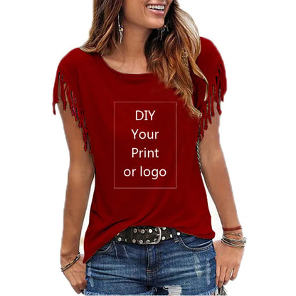2026 New Customized Print T Shirt for Women DIY Your Like Photo or Logo Top Tassel Short Sleeve O-neck Cotton Tee
