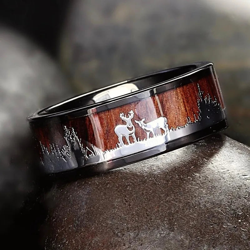 Fashion 8mm Rose Gold Color Stainless Steel Guitar String Rings for Men Koa Wood Inlay Ring Whiskey Barrel Mens Wedding Band