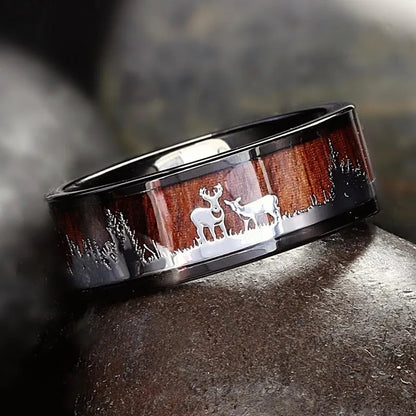 Fashion 8mm Rose Gold Color Stainless Steel Guitar String Rings for Men Koa Wood Inlay Ring Whiskey Barrel Mens Wedding Band