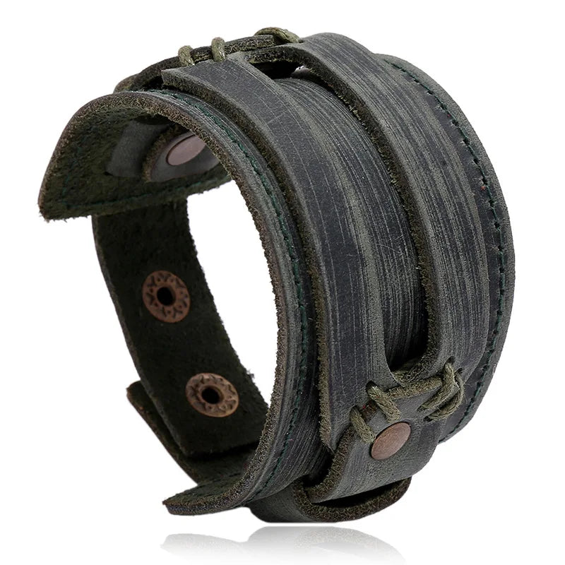KOTik 2024 New Fashion Genuine Leather Wide Cuff Bangles Punk Vintage Three Layers Wide Black Brown Men Jewelry Bracelets