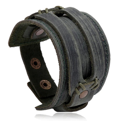 KOTik 2024 New Fashion Genuine Leather Wide Cuff Bangles Punk Vintage Three Layers Wide Black Brown Men Jewelry Bracelets
