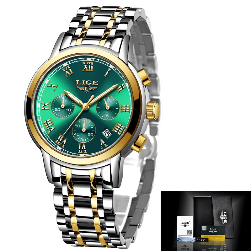 LIGE Women's Watches Ladies Quartz Watch Waterproof Stainless Steel Strap Chronograph Watch for Women Fashion Watch Bracelet Set