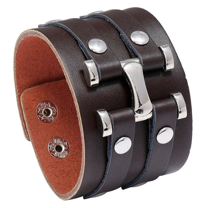 KOTik 2024 New Fashion Genuine Leather Wide Cuff Bangles Punk Vintage Three Layers Wide Black Brown Men Jewelry Bracelets