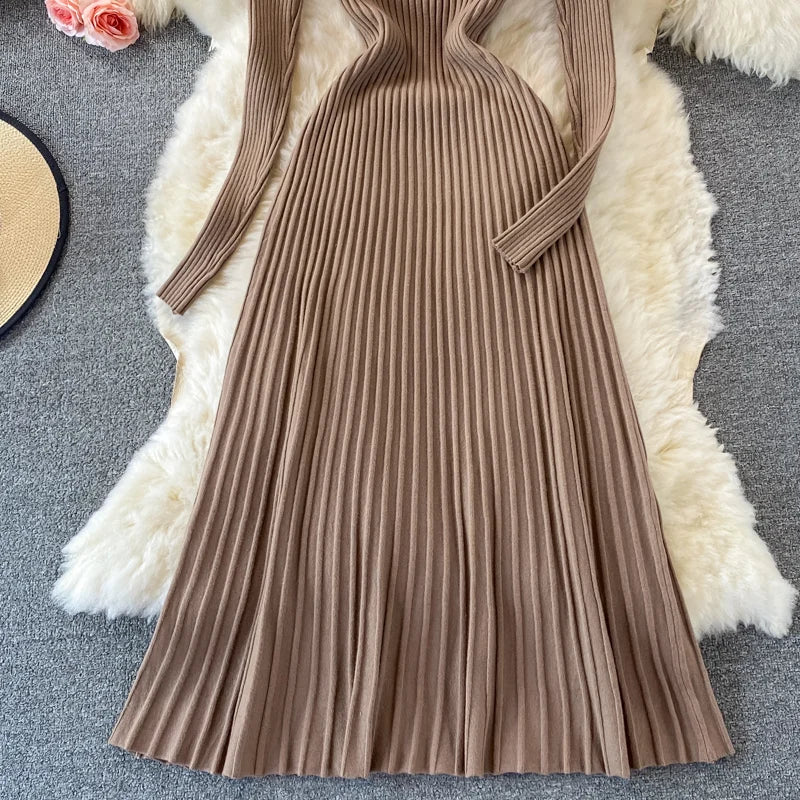 SINGREINY Women Pleated Knitted Dress Turtleneck Long Sleeve Elastic Slim Pencil Dress Autumn Winter Sexy Bodycon Sweater Dress