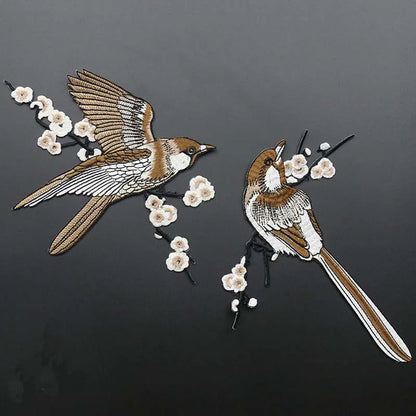 Phenix Birds Azure Blue Pink Gold Embroidered Appliques Iron-On Patches Pair