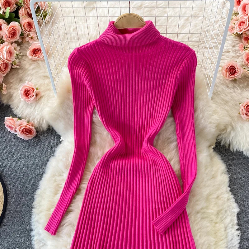 SINGREINY Women Pleated Knitted Dress Turtleneck Long Sleeve Elastic Slim Pencil Dress Autumn Winter Sexy Bodycon Sweater Dress