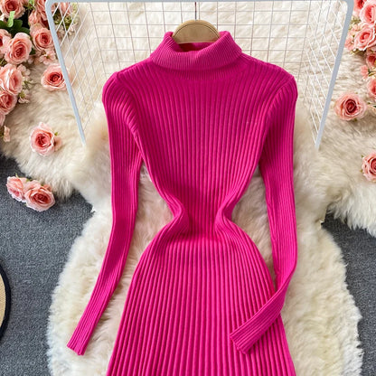 SINGREINY Women Pleated Knitted Dress Turtleneck Long Sleeve Elastic Slim Pencil Dress Autumn Winter Sexy Bodycon Sweater Dress