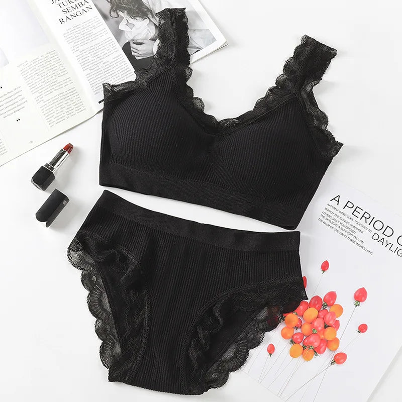 Newest Sexy Lace Underwear Set Padded Bra Set Without Steel Ring Solid Women's Underwear Brassiere Comfortable Fitness Crop Top