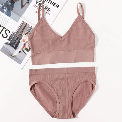 Women Seamless Bra Panties Set U Back Bra Fitness Crop Top Sexy Lingerie Set No Pads Brassiere Low Rise Briefs Underwear Set