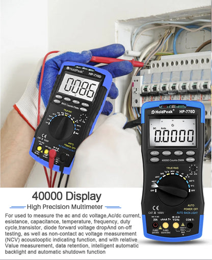 Miernik cyfrowy HoldPeak HP-770D True RMS automatyczny multimetr 40000 zliczeń do pomiaru omów woltów amperów tester pojemności
