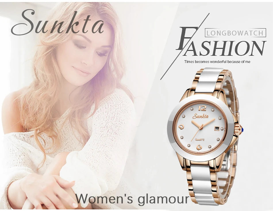 LIGE Brand SUNKTA Fashion Casual Woman Watch Ceramic Simple Bracelet Quartz Ladies Watches Date Waterproof Women's Wristwatches