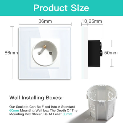 BSEED France Standard Single Wall French Socket Double Power Plug With White Black Gloden Crystal Glass Panel 16A 110V-250V