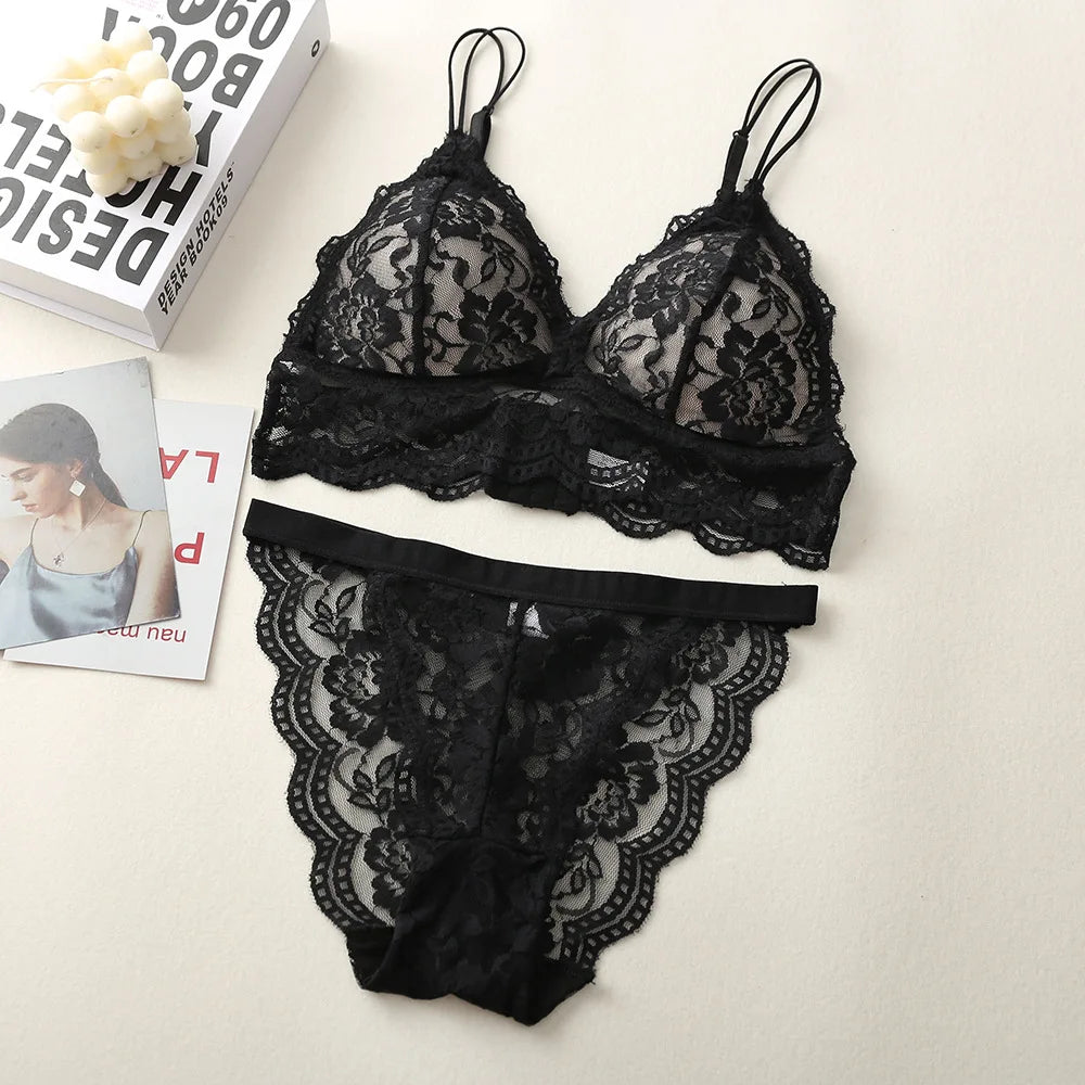 Lace Bra And Panties Set Women Push-Up Bralette Low-Rise Briefs Padded Lingerie Set Female Wireless Underwear Sexy Intimates