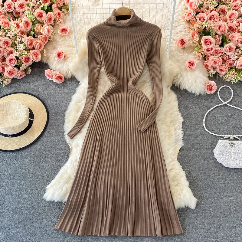 SINGREINY Women Pleated Knitted Dress Turtleneck Long Sleeve Elastic Slim Pencil Dress Autumn Winter Sexy Bodycon Sweater Dress