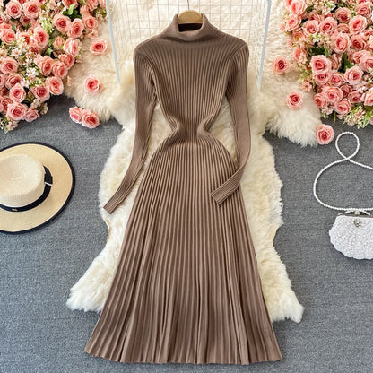 SINGREINY Women Pleated Knitted Dress Turtleneck Long Sleeve Elastic Slim Pencil Dress Autumn Winter Sexy Bodycon Sweater Dress