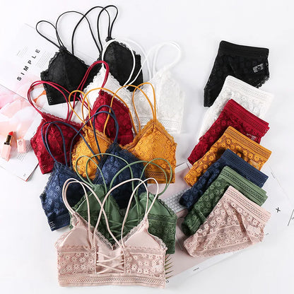 Women Lace Bra And Briefs Set Backless Bralette Solid Color Underwear Wireless Lace Bra Top Sexy Lingerie Set Female Intimates