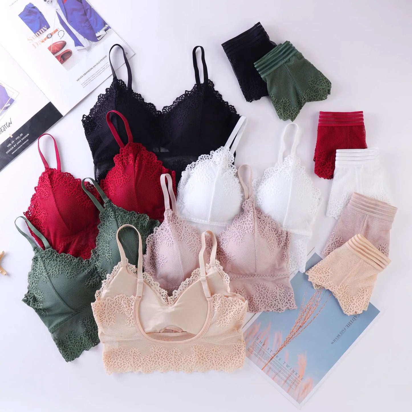 Women Lace Bra And Briefs Set Low Back Bra Crop Top Female Padded Bralette Transparent Solid Color Underwear Sexy Lingerie Set