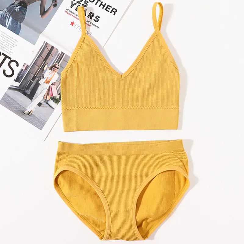 Women Seamless Bra Panties Set U Back Bra Fitness Crop Top Sexy Lingerie Set No Pads Brassiere Low Rise Briefs Underwear Set