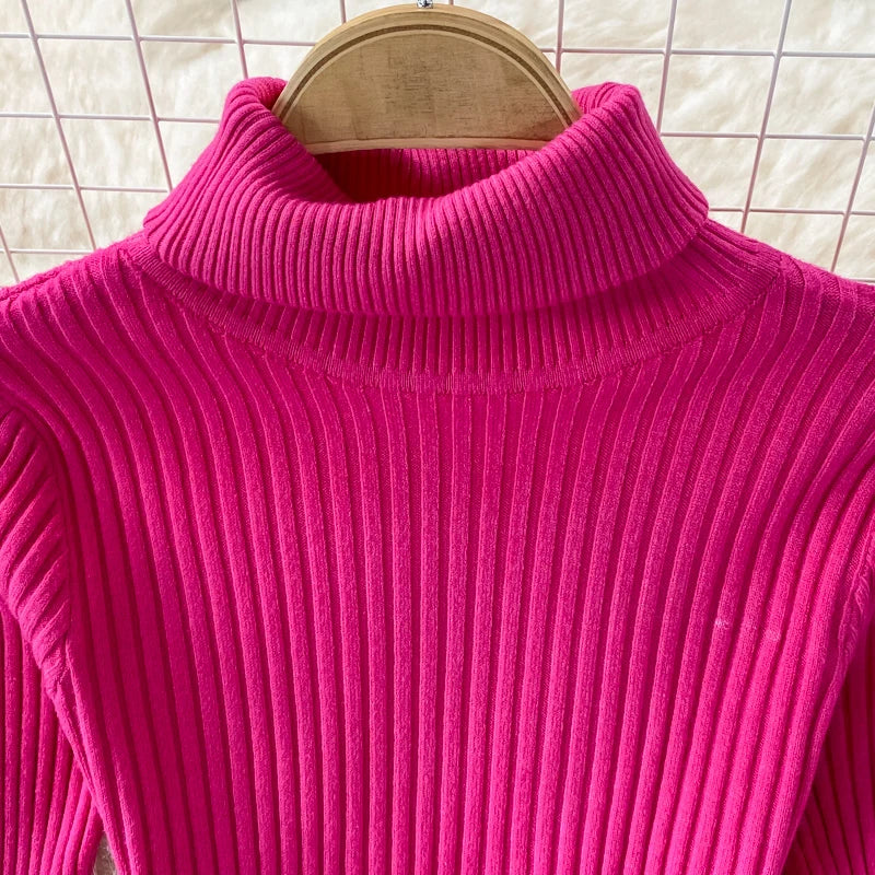 SINGREINY Women Pleated Knitted Dress Turtleneck Long Sleeve Elastic Slim Pencil Dress Autumn Winter Sexy Bodycon Sweater Dress