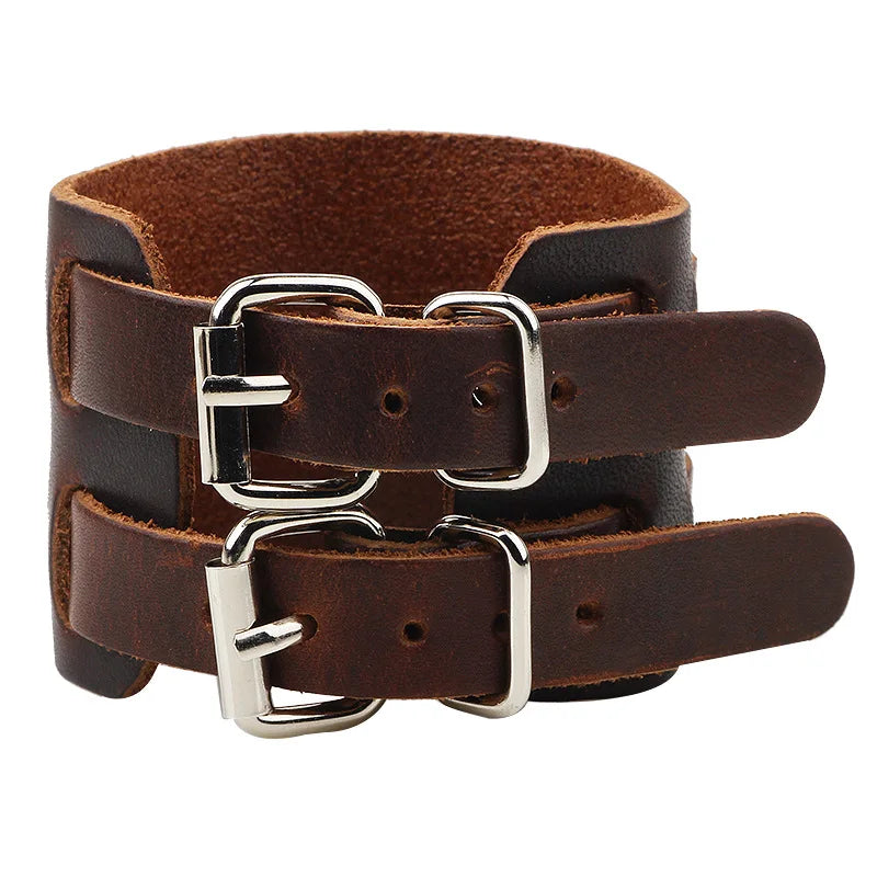 KOTik 2024 New Fashion Genuine Leather Wide Cuff Bangles Punk Vintage Three Layers Wide Black Brown Men Jewelry Bracelets