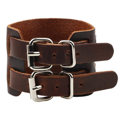 KOTik 2024 New Fashion Genuine Leather Wide Cuff Bangles Punk Vintage Three Layers Wide Black Brown Men Jewelry Bracelets