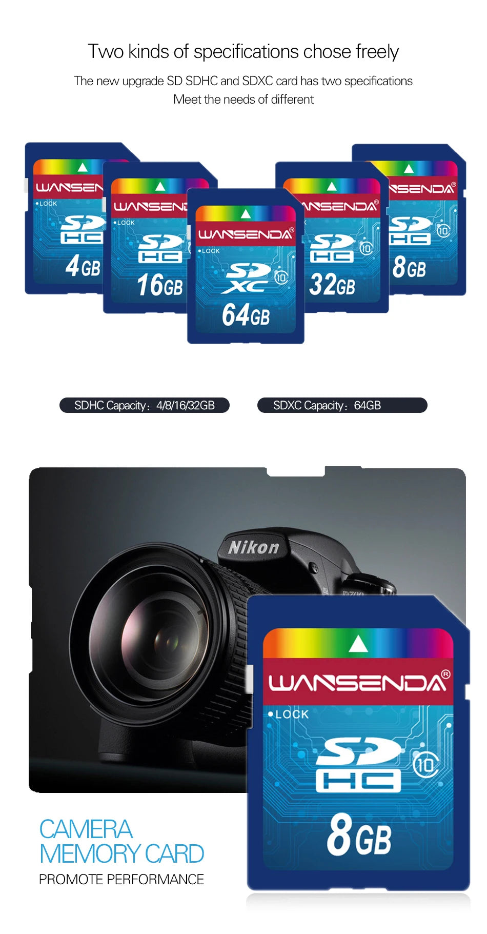 Hotsale WANSENDA SD Memory Card 64GB 32GB Class 10 SD Card 8GB 16GB Transflash SDHC SDXC TF Card Digital Flash Memory Card