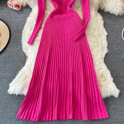 SINGREINY Women Pleated Knitted Dress Turtleneck Long Sleeve Elastic Slim Pencil Dress Autumn Winter Sexy Bodycon Sweater Dress