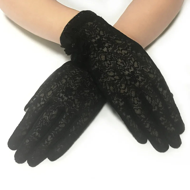 Women Summer Sexy Hollow Lace Flower Elegant Breathable Sunscreen Anti-UV Drive Cycling Touch Screen Gloves Short Pearl