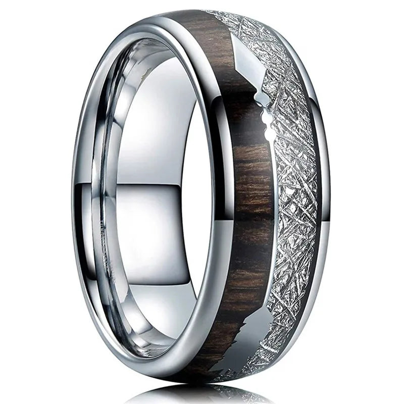 Fashion 8mm Rose Gold Color Stainless Steel Guitar String Rings for Men Koa Wood Inlay Ring Whiskey Barrel Mens Wedding Band