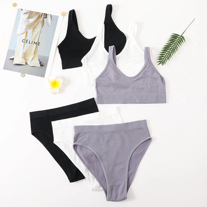 Women Seamless Bra Set Sexy Lingerie Wire Free Push Up Brassiere Bralette Unlined Female Crop Top High Rise Briefs Underwear Set