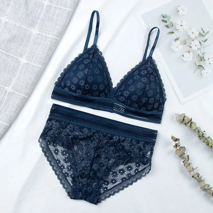 Women Floral Lace Bras Suit Solid Underwear Padded Breathable Vest With Briefs Sexy Hollow Out Bralette Thin Lingerie One Size