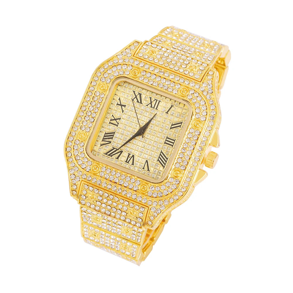 2024 Full Iced Out Watch Mens Cuban Link Chain Bracelet watch Bling Jewelry for Men Big Gold Chains Hip Hop Men Watch Set