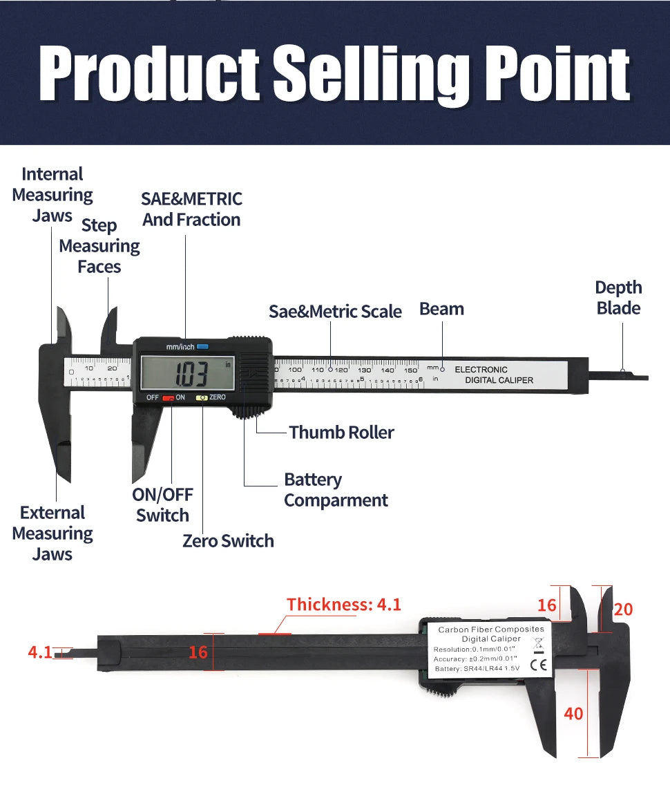 Electronic Pachometer Digital Caliper Vernier Calipers Micrometer Ruler Carbon Fibre Plastic Gauge Measuring Tools Instrument