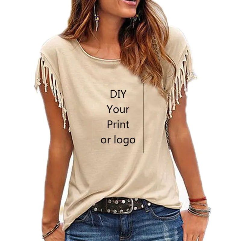 2026 New Customized Print T Shirt for Women DIY Your Like Photo or Logo Top Tassel Short Sleeve O-neck Cotton Tee