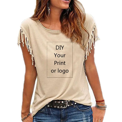 2026 New Customized Print T Shirt for Women DIY Your Like Photo or Logo Top Tassel Short Sleeve O-neck Cotton Tee