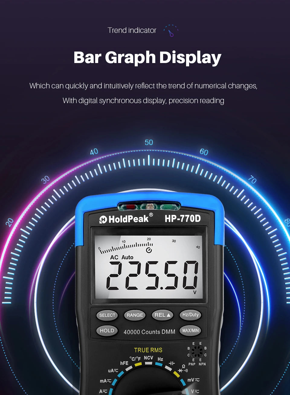 Miernik cyfrowy HoldPeak HP-770D True RMS automatyczny multimetr 40000 zliczeń do pomiaru omów woltów amperów tester pojemności