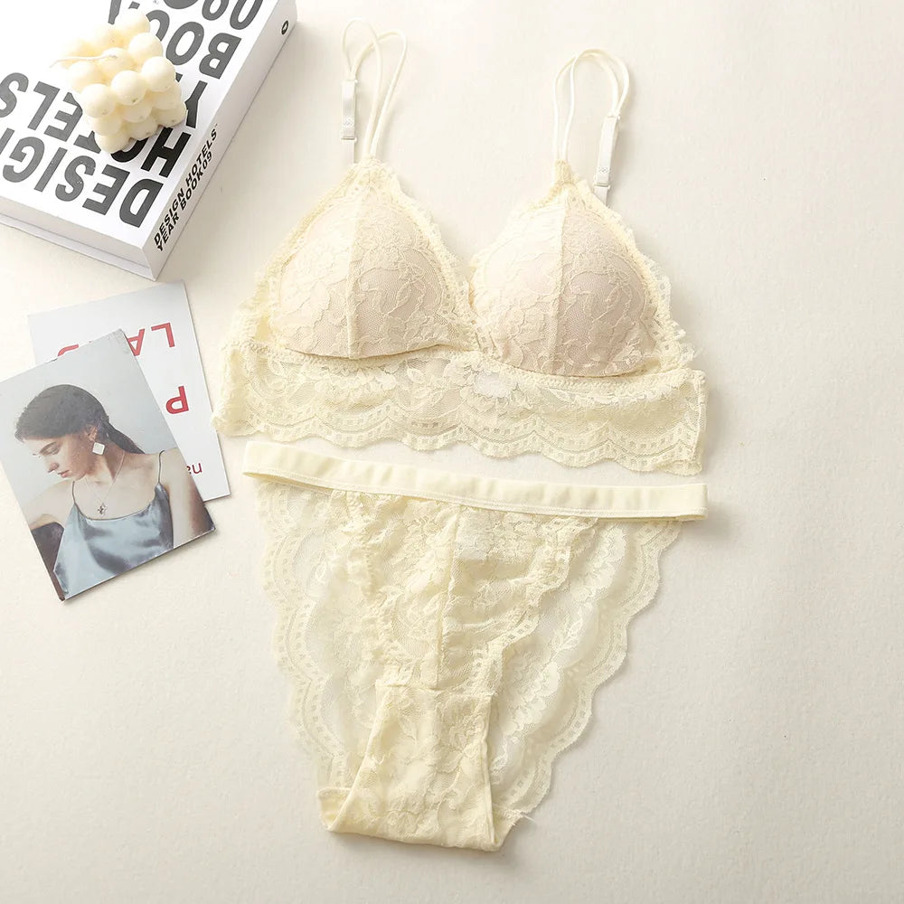 Lace Bra And Panties Set Women Push-Up Bralette Low-Rise Briefs Padded Lingerie Set Female Wireless Underwear Sexy Intimates