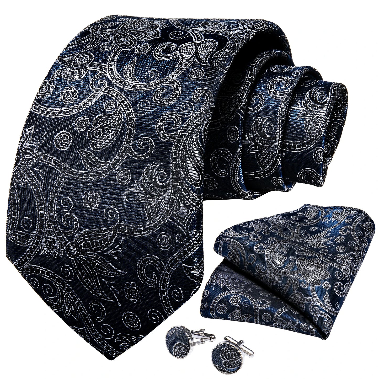 Black And Silver Paisley Floral Men's Ties Gray Blue Pink Wedding Accessories Neck Tie Set Handkerchief Cufflinks Gift For Men