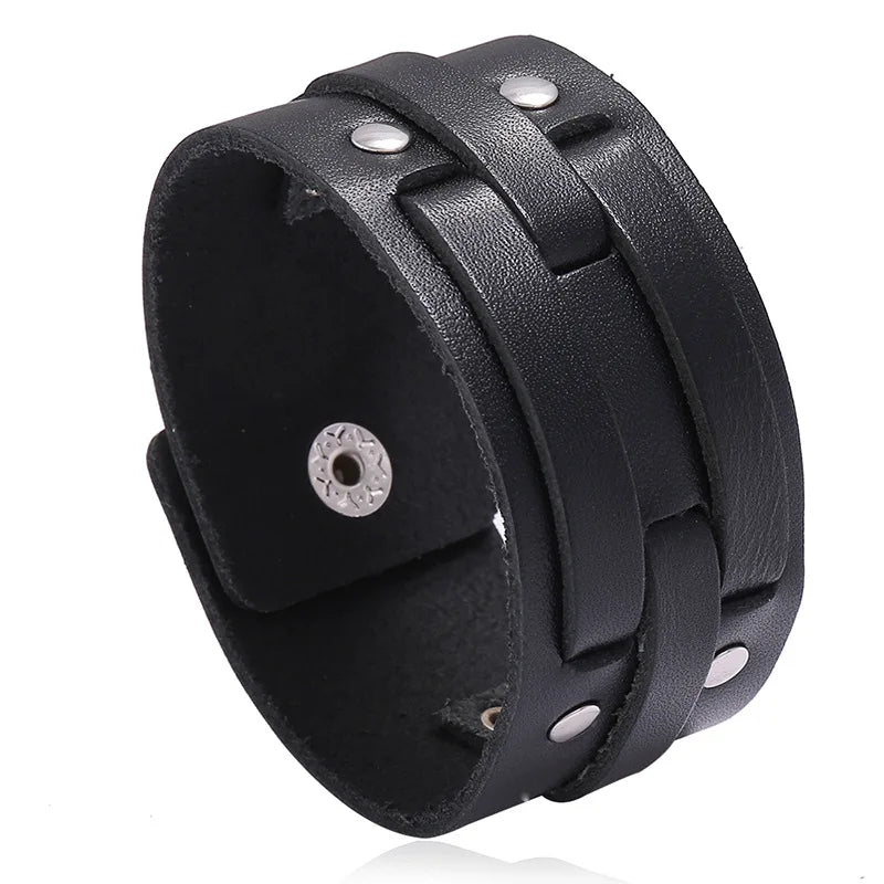 KOTik 2024 New Fashion Genuine Leather Wide Cuff Bangles Punk Vintage Three Layers Wide Black Brown Men Jewelry Bracelets