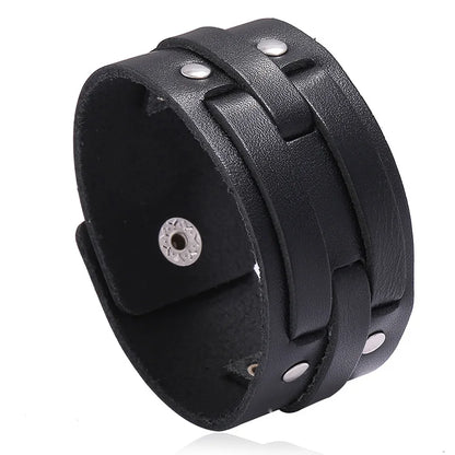 KOTik 2024 New Fashion Genuine Leather Wide Cuff Bangles Punk Vintage Three Layers Wide Black Brown Men Jewelry Bracelets