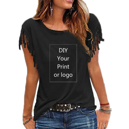 2026 New Customized Print T Shirt for Women DIY Your Like Photo or Logo Top Tassel Short Sleeve O-neck Cotton Tee