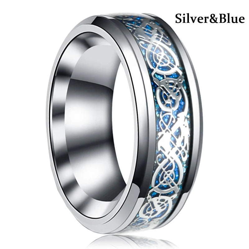 30 Colors Fashion 8MM Men Stainless Steel Celtic Dragon Rings Inlay Carbon Fiber Rings For Men Women Wedding Party Jewelry Gifts