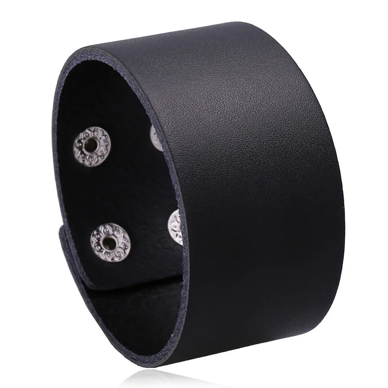 KOTik 2024 New Fashion Genuine Leather Wide Cuff Bangles Punk Vintage Three Layers Wide Black Brown Men Jewelry Bracelets