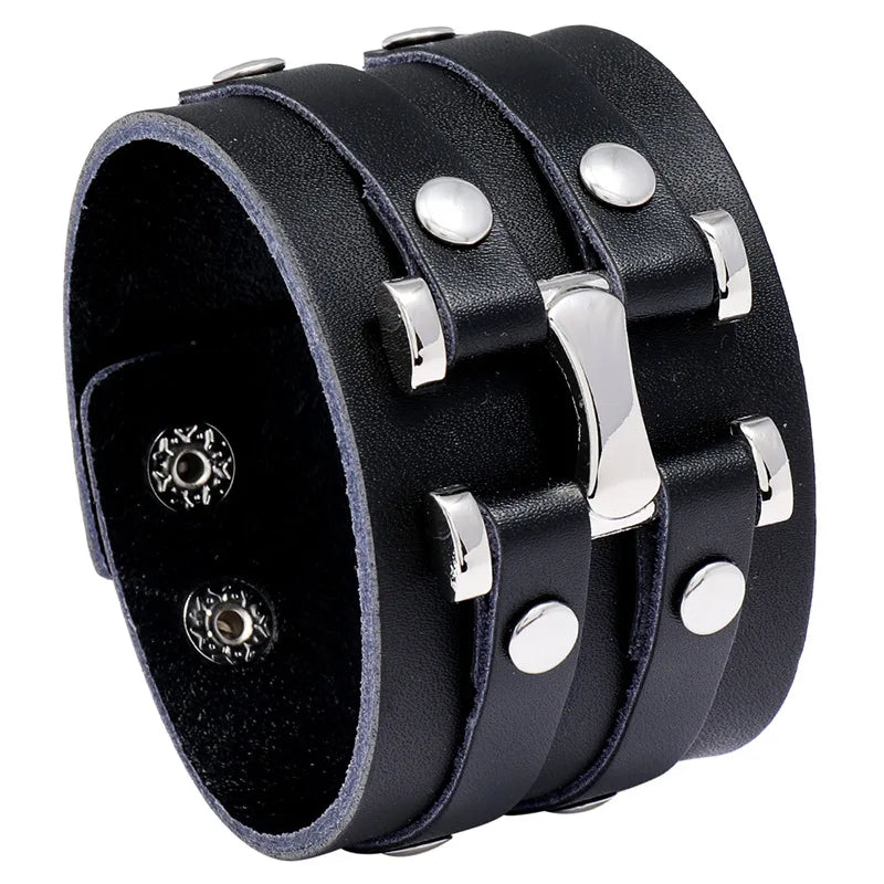KOTik 2024 New Fashion Genuine Leather Wide Cuff Bangles Punk Vintage Three Layers Wide Black Brown Men Jewelry Bracelets